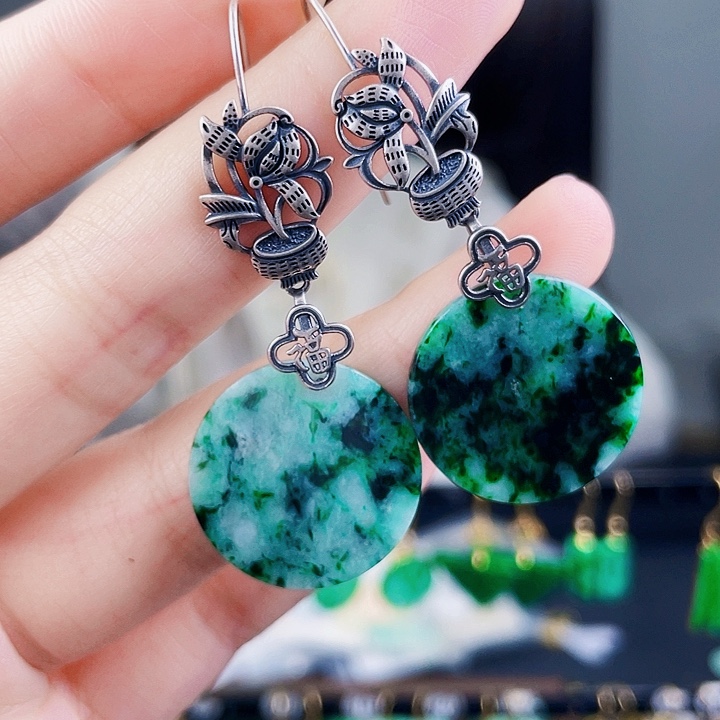 翡翠耳饰银S925镶嵌饰品