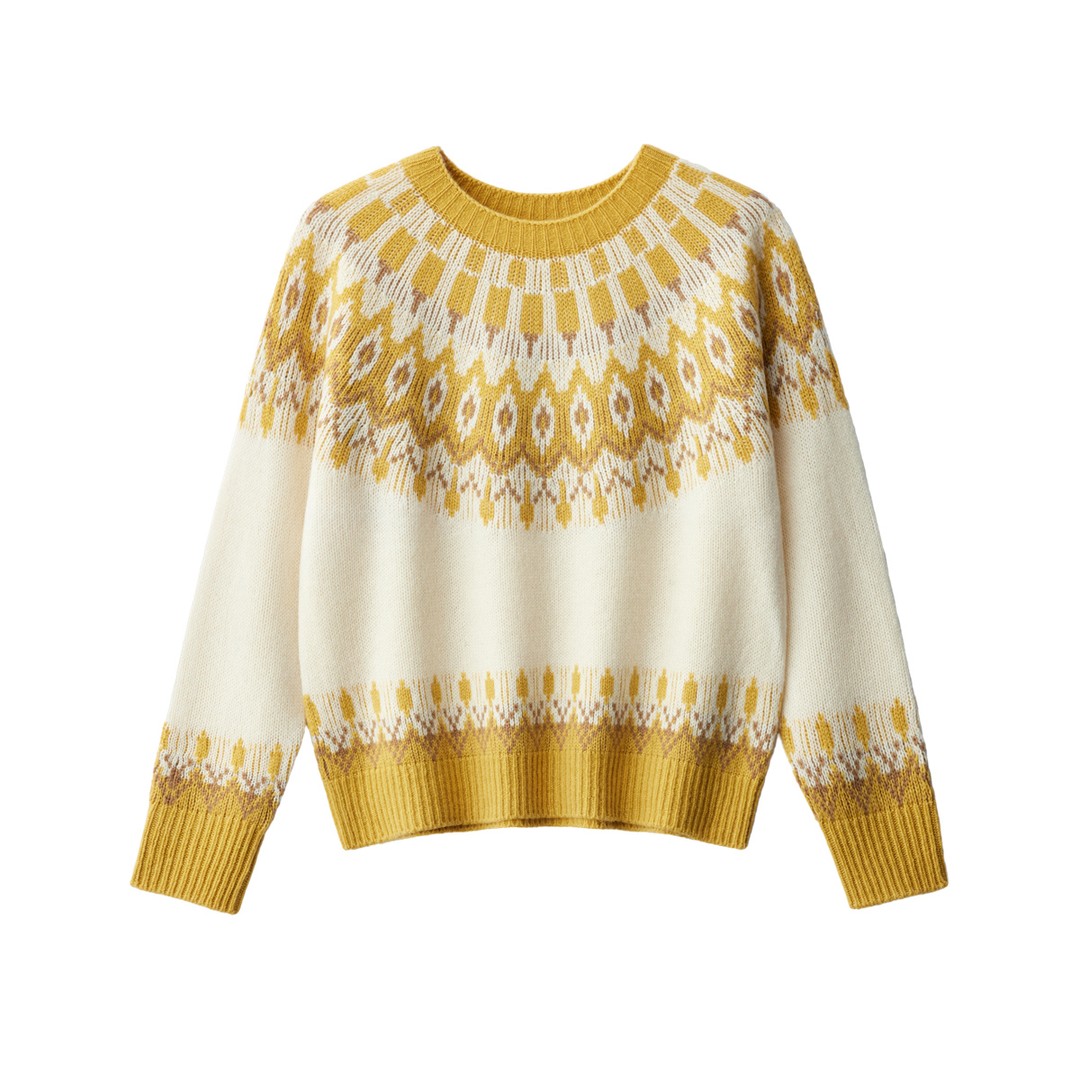 【100%绵羊毛】撞色北欧费尔岛提花毛衣圆领复古针织衫慵懒温柔风
