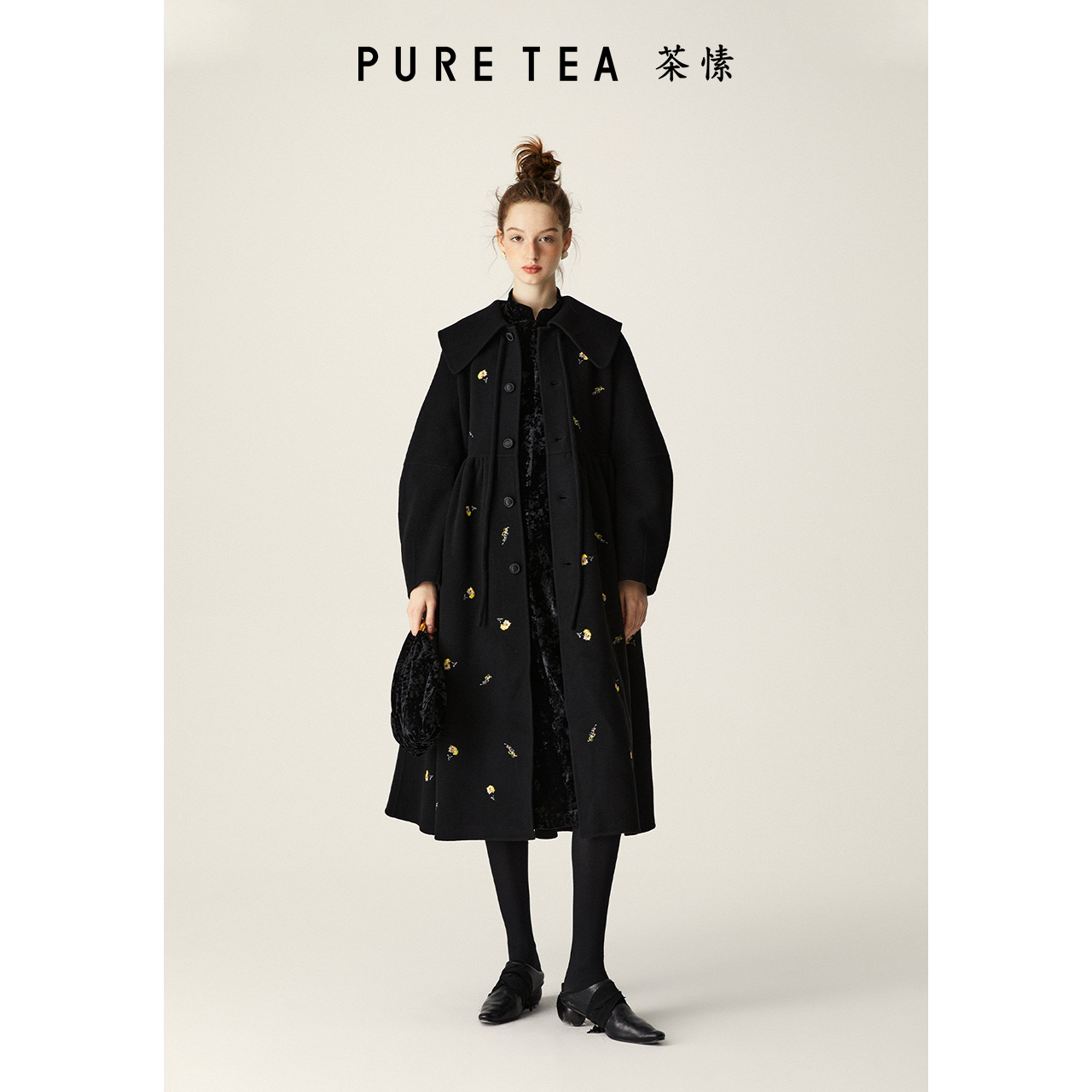 【商场同款】茶愫刺绣双面呢绵羊毛学院大衣女秋新品TC0603B31