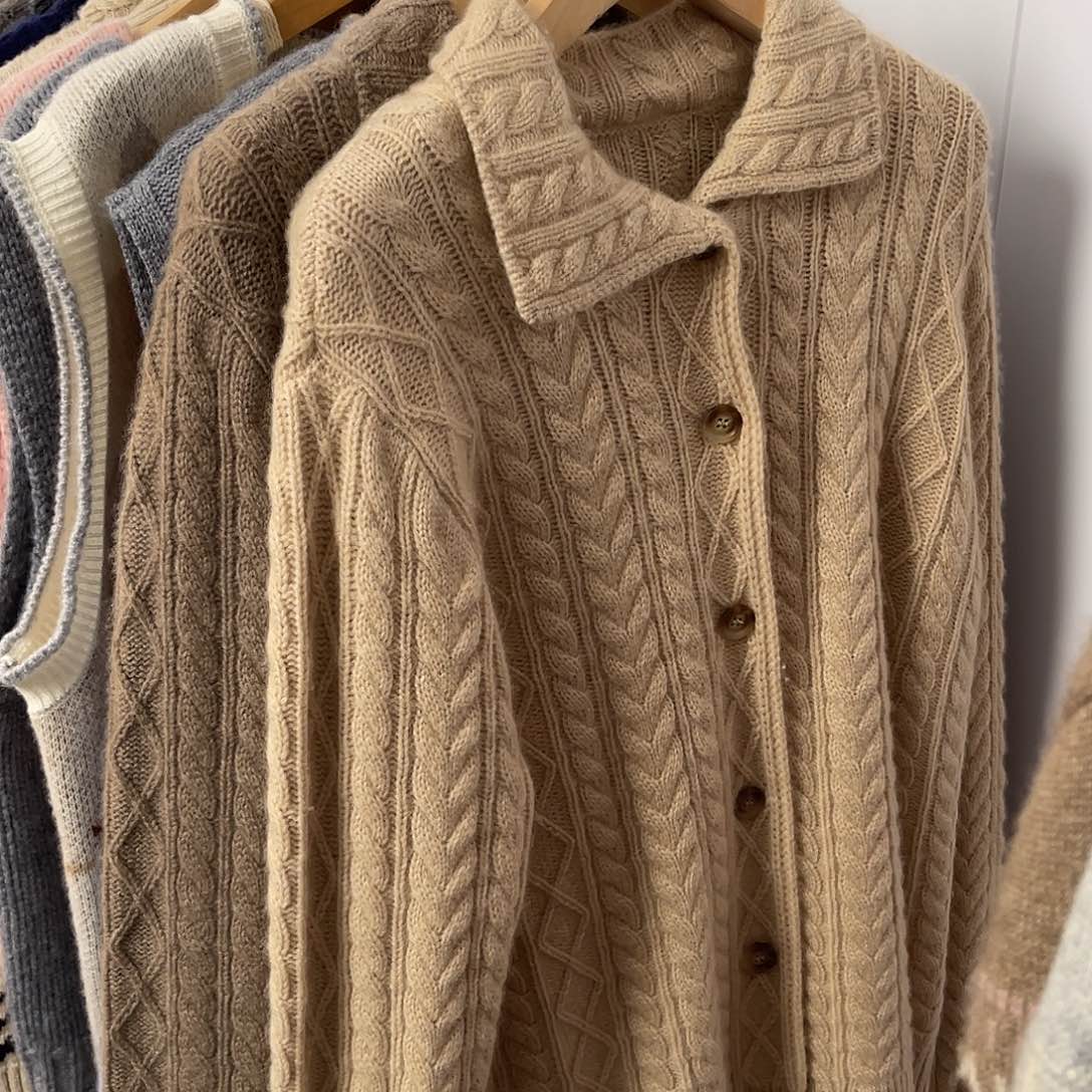 Polo领纽花羊绒开衫