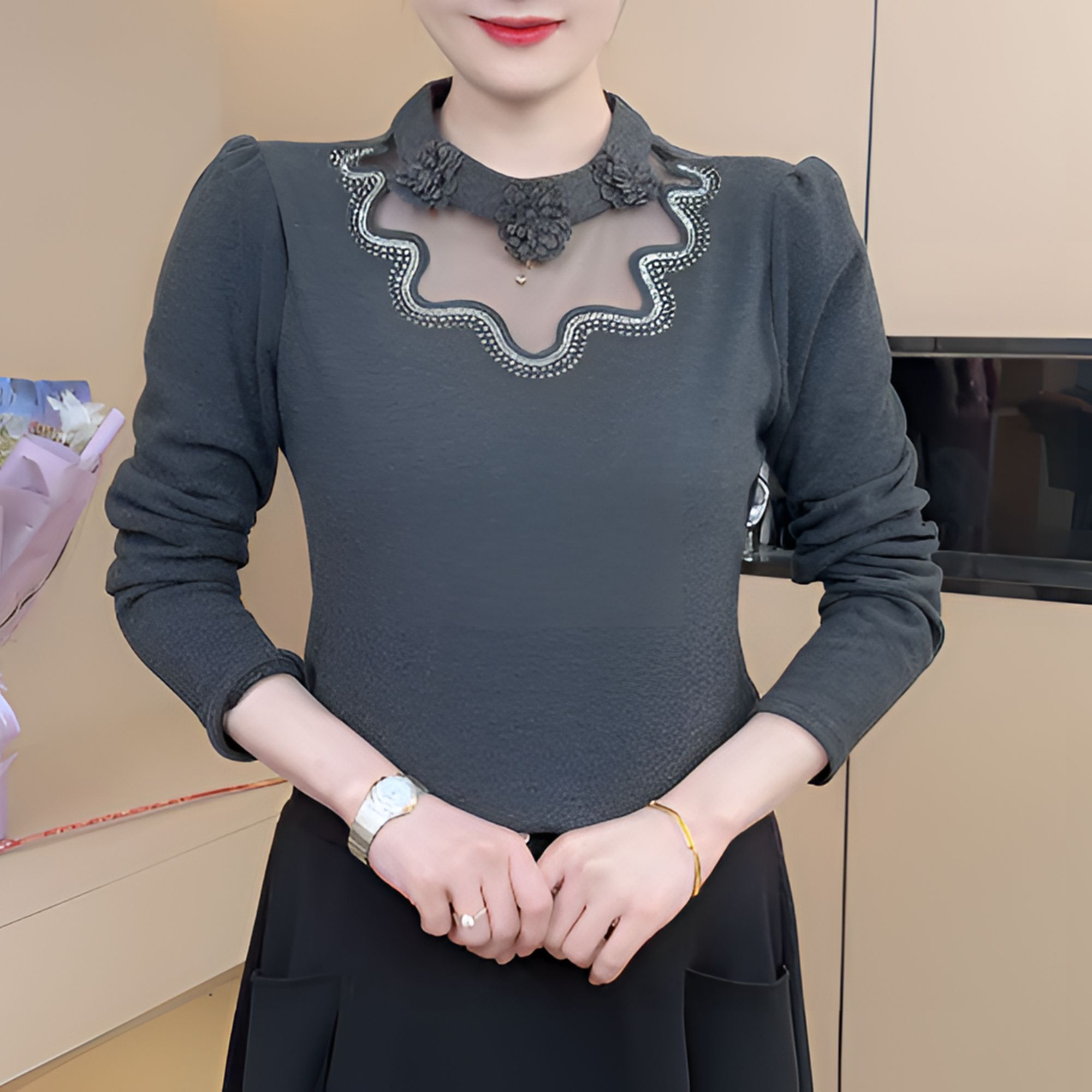 冬季加绒保暖时尚百搭洋气法式蕾丝女士半高领打底衫小衫衬衫