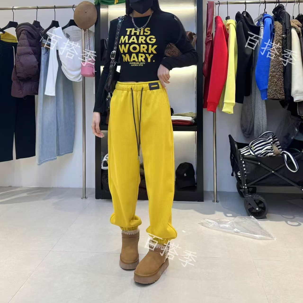 （工厂店）运动风字母贴布休闲卫裤女ins潮高腰抽绳束脚裤哈伦裤子