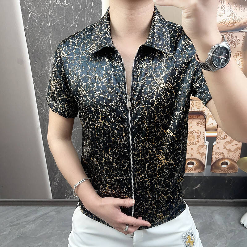 欧货男装短袖男翻领男士夏季短袖冰丝修身衬衫修身潮流拉链开衫