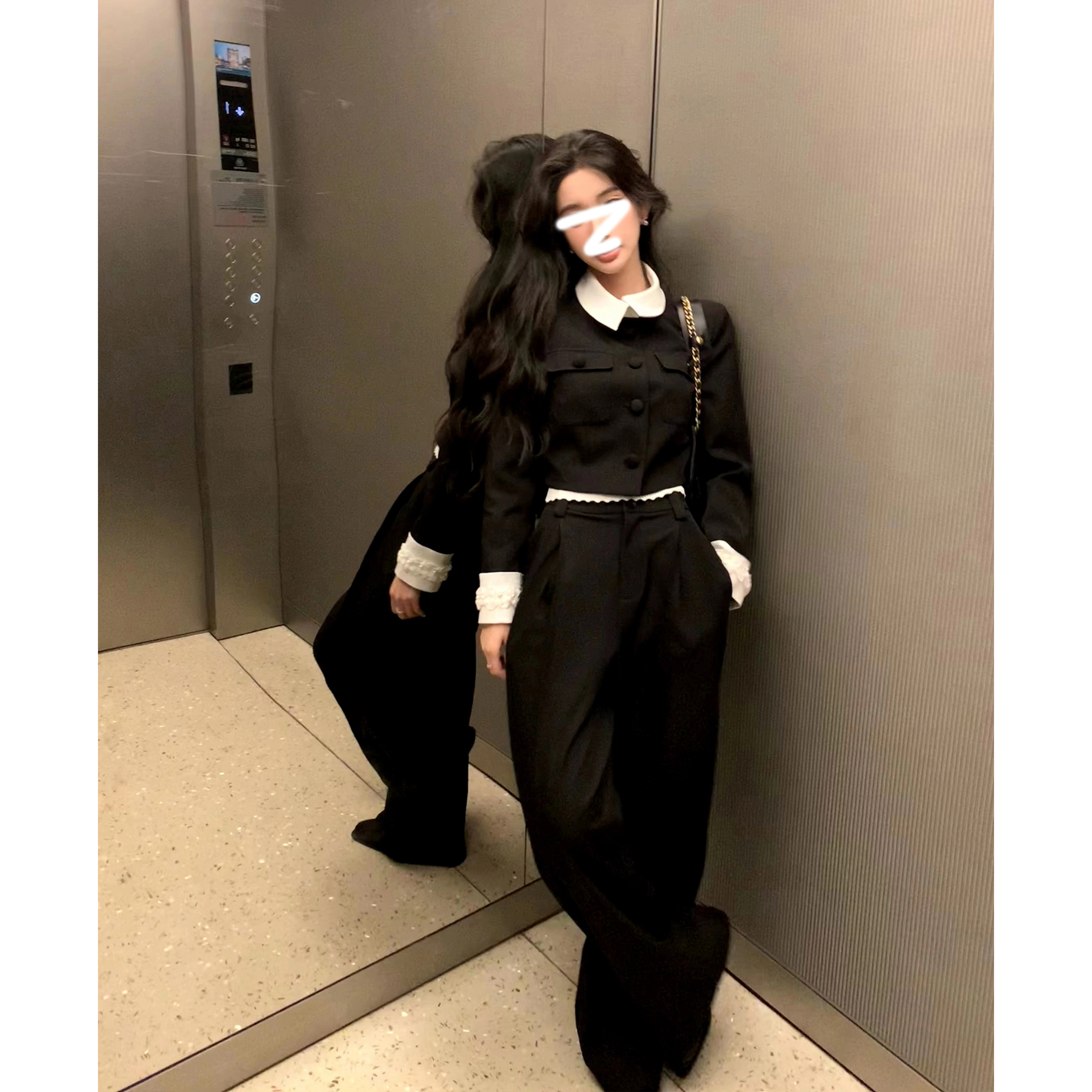 千金感小香风短外套女2025秋冬新款高级感黑色阔腿裤子两件套套装