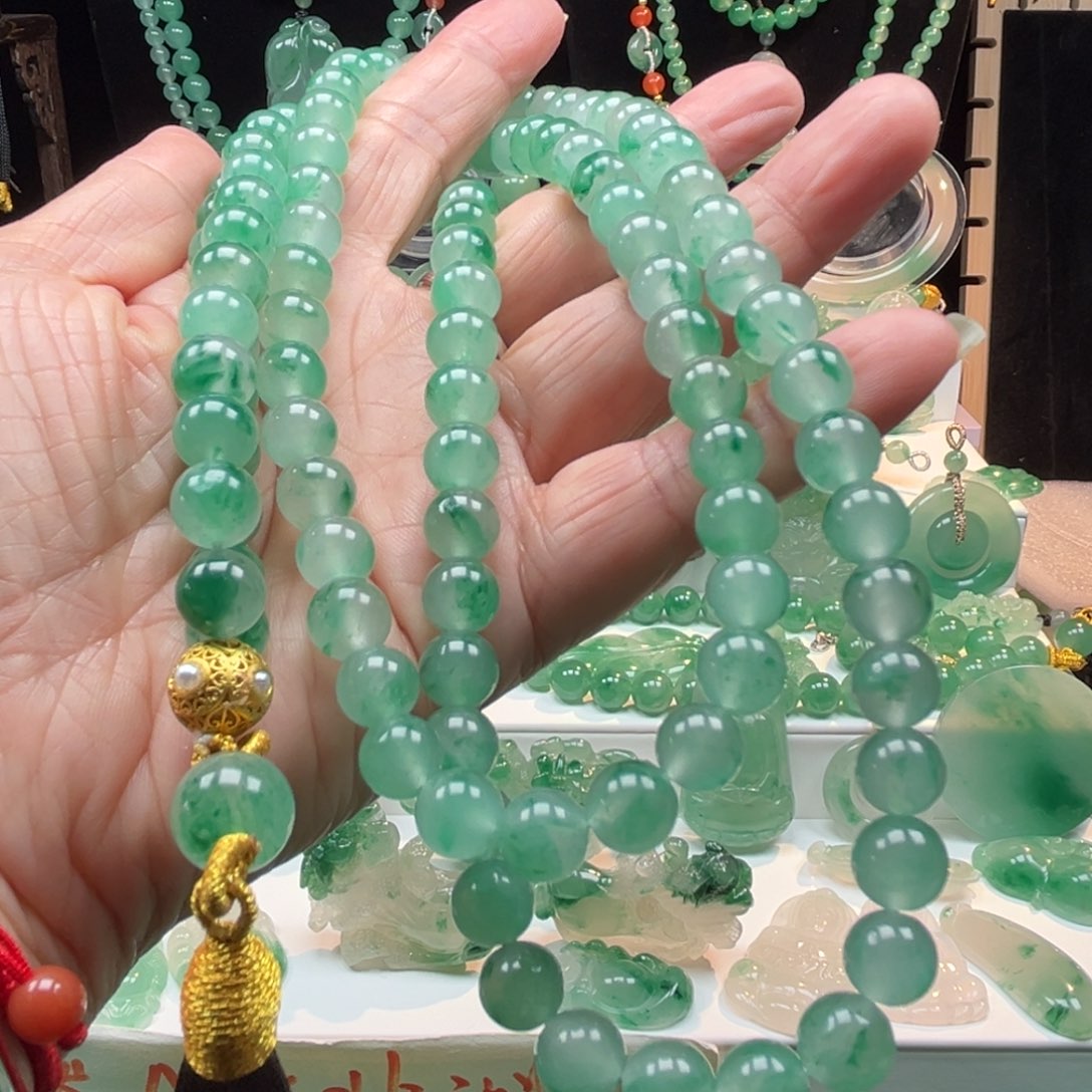 石英质玉项链合金108颗卡8.5-9.0重102克