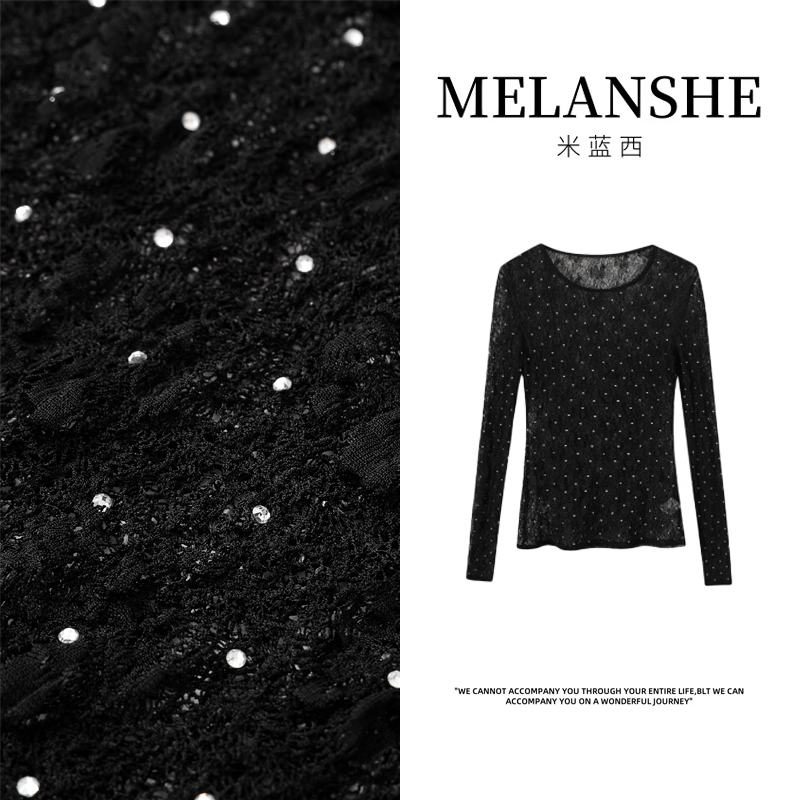微透镂空长袖烫钻秋季蕾丝圆领T恤小众针织森系lulu风-4045