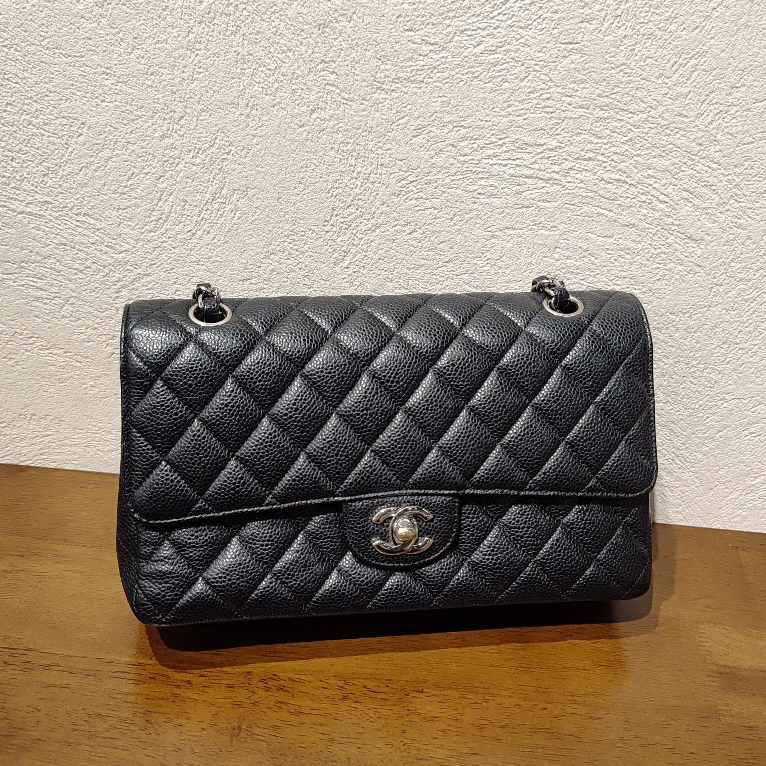 99新 Chanel/香奈儿 黑银荔枝纹牛皮cf 中号 时尚单肩斜挎包