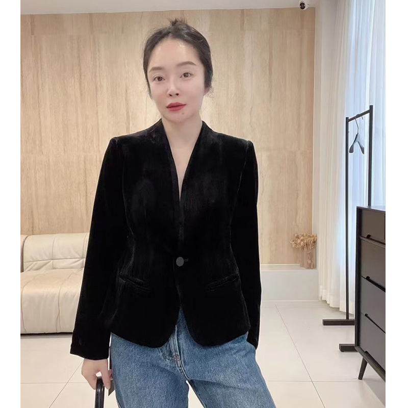 春秋新款采桑子正品基础经典款V领一粒扣真丝丝绒收腰西服外套