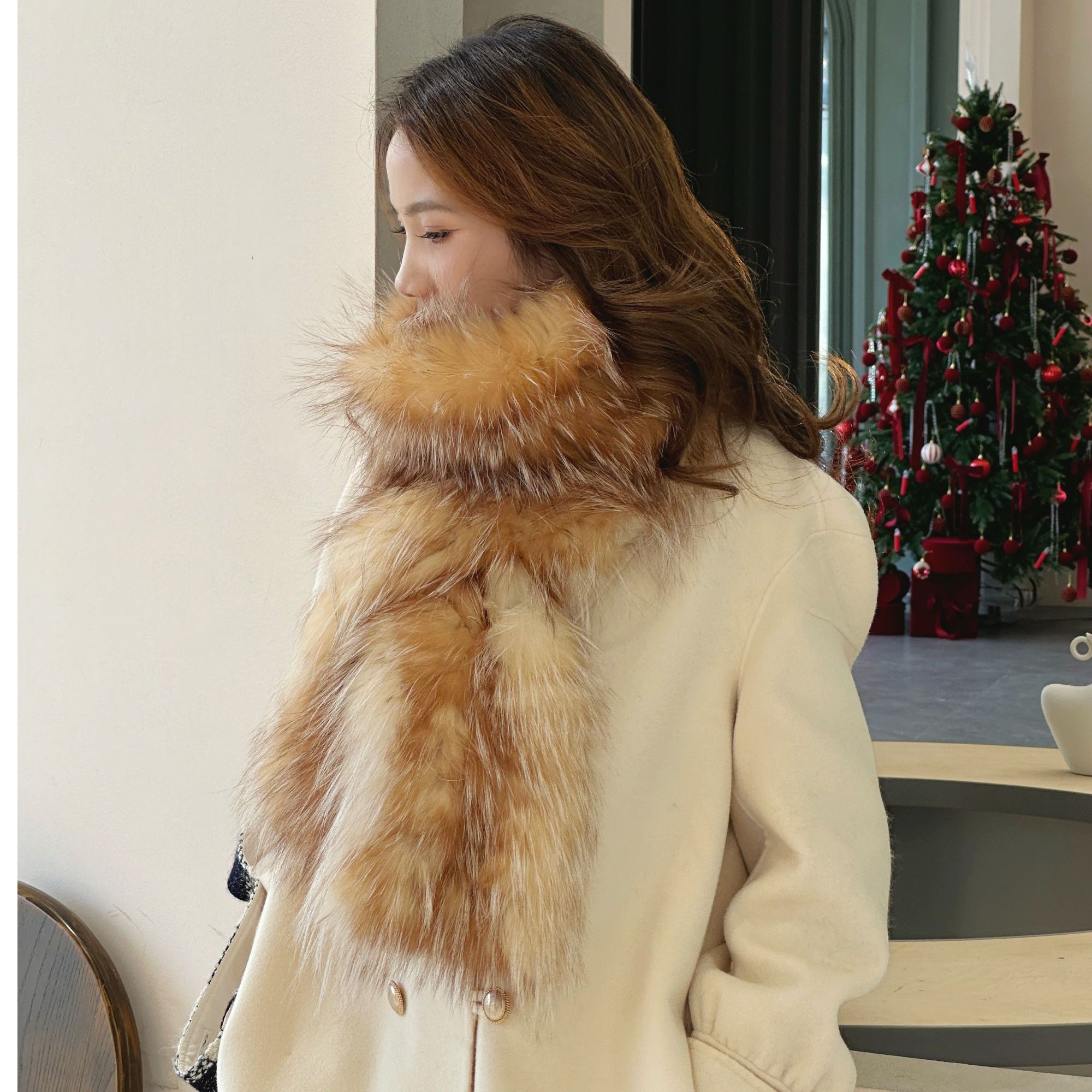 韩版狐狸毛编织长款围巾女士百搭皮草围脖冬季双面加厚保暖真毛毛