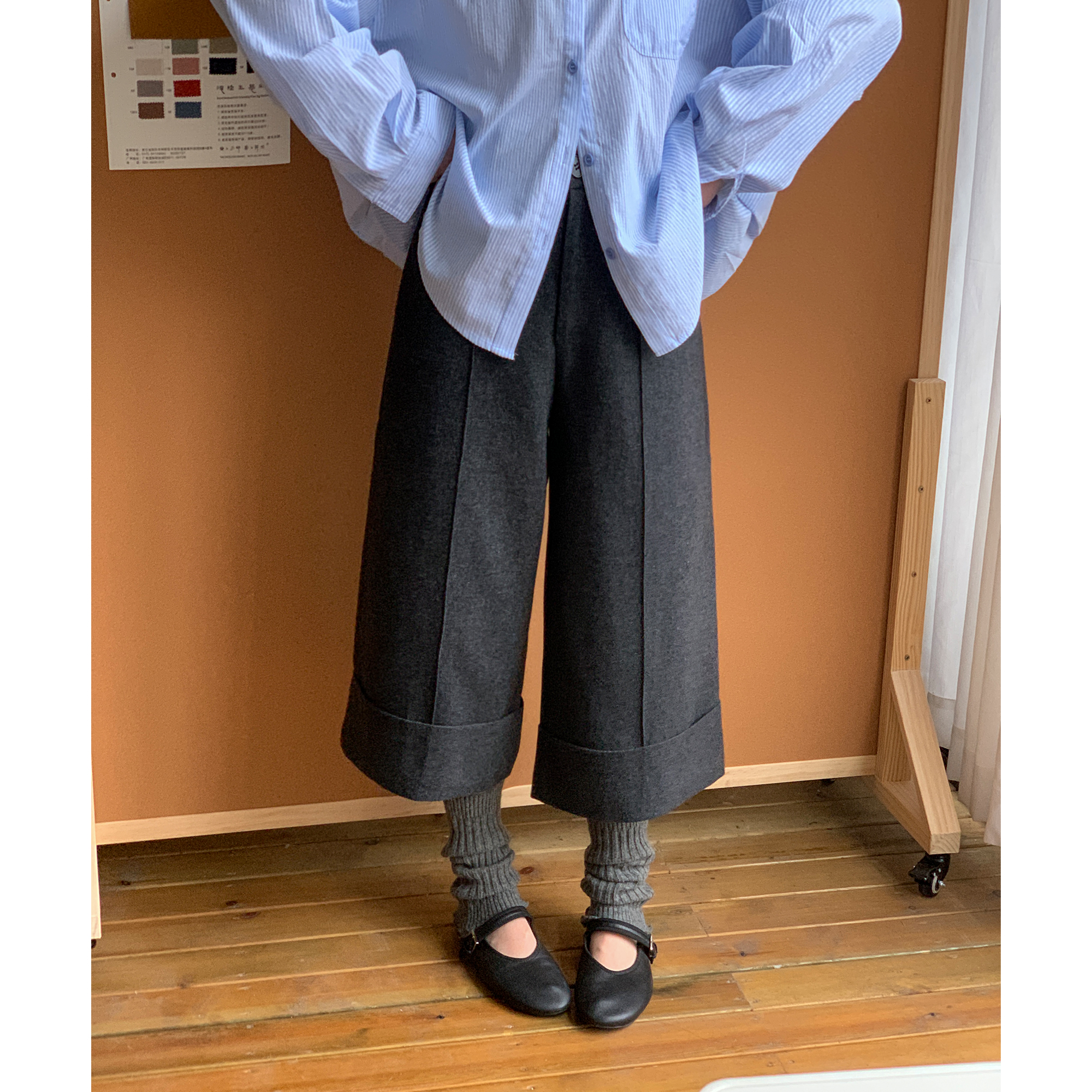 zhukele 裤脚翻边西装七分裤 百搭时尚宽松