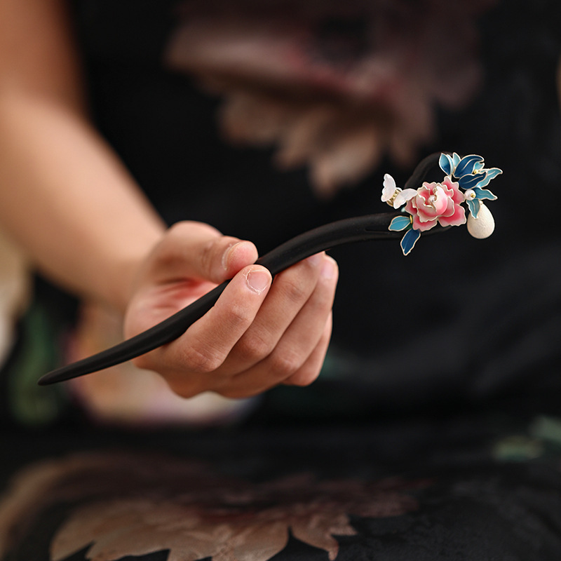 U型设计新中式檀木发簪古风步摇流苏木发钗汉服簪子高级感发饰