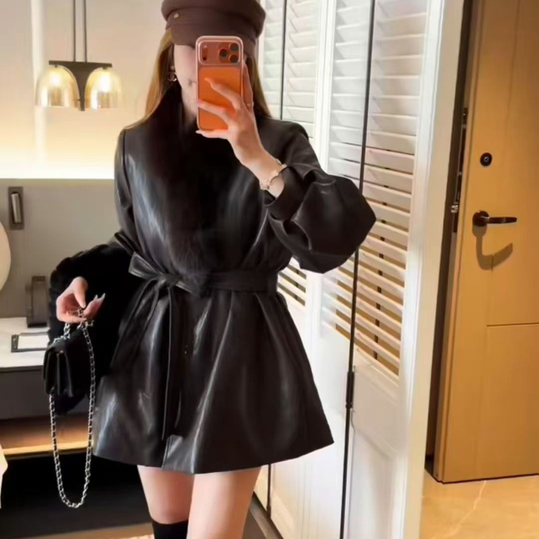 一等品/蛋白皮真毛围脖领收腰毛毛皮衣外套 简约轻奢