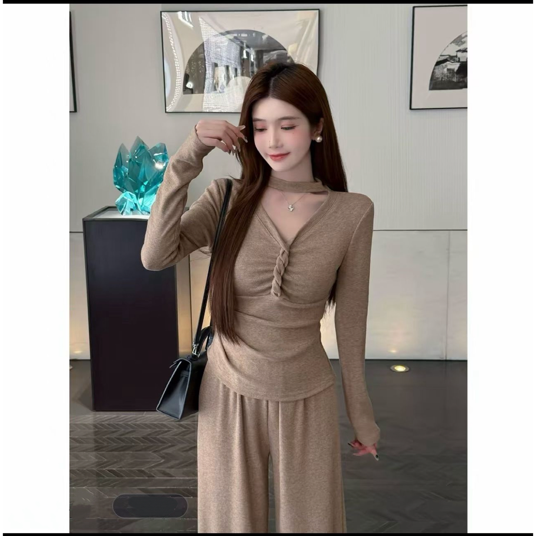 【丹丹专属】秋冬绵羊绒套装性感纯欲V领扭结上衣搭配阔腿裤显瘦