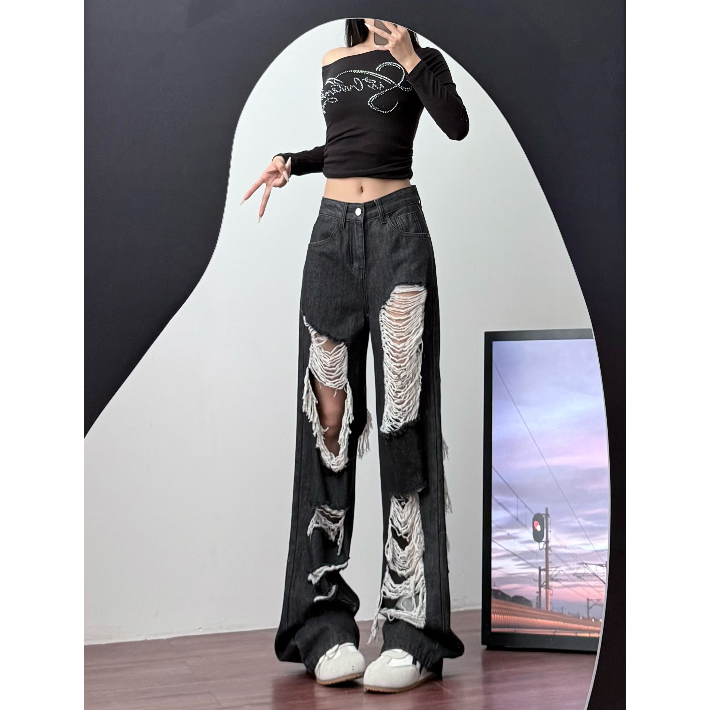 2025新款176高个子美式辣妹宽松直筒加长版牛仔裤破洞拖地裤8327