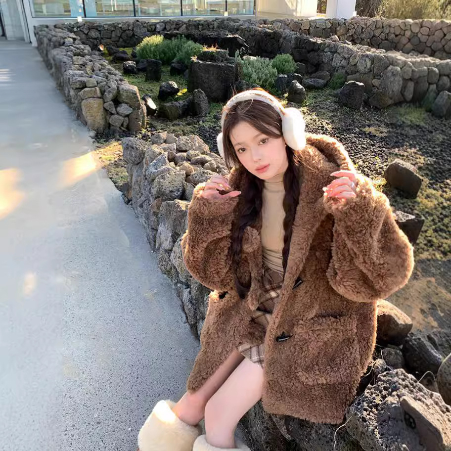 25秋冬新款全羊毛连帽加厚保暖羊羔毛大衣羊剪绒皮毛一皮草外套