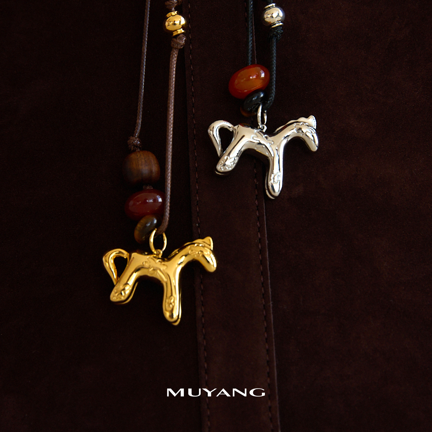 muyang/慕阳 铜合金木质项链 手工气质时尚编织简约银马项链