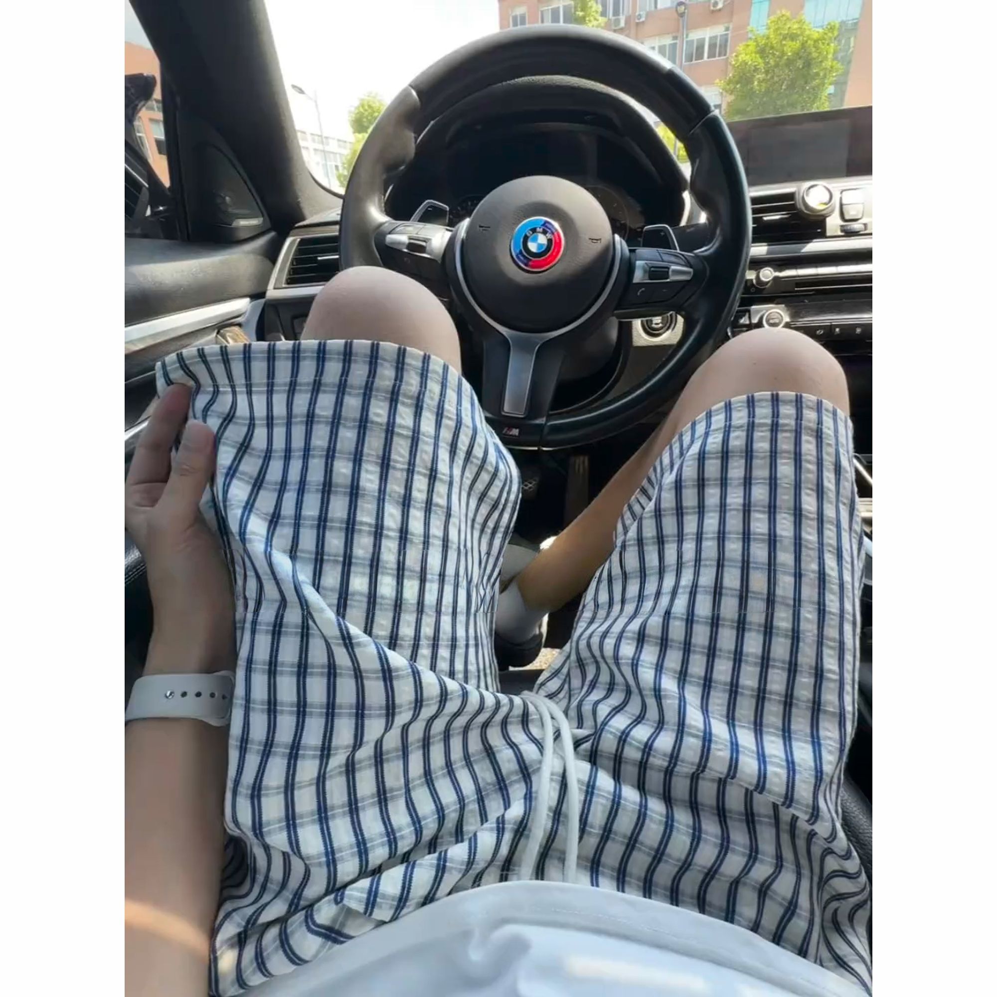 蓝色泡泡纱格子短裤男夏季薄款拼接设计感直筒五分裤子休闲阔腿裤