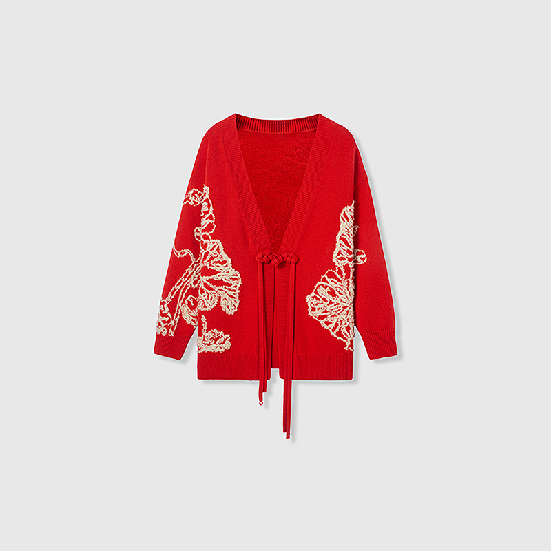 【商场同款】HPLY荷比俪春植绒盘带绣荷叶针织衫HYF12650060-1