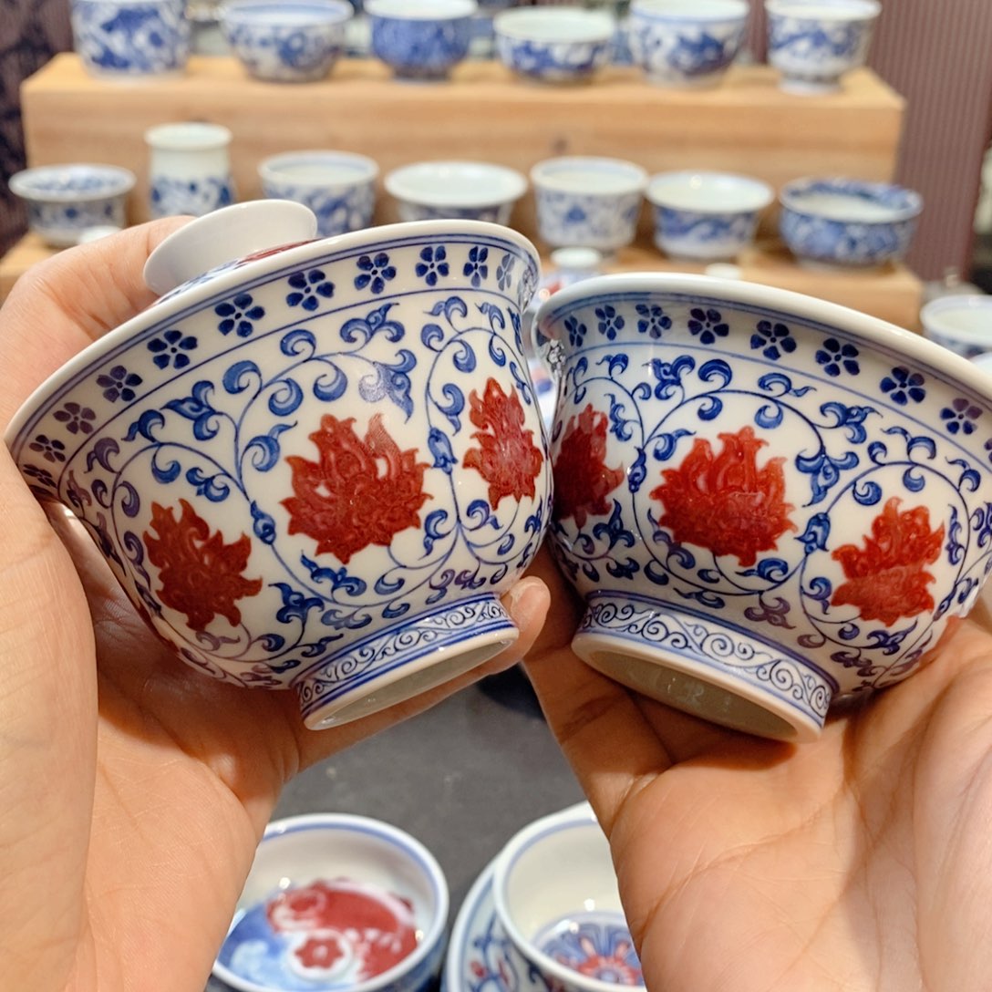 少*郎缠枝莲釉里红两件套手绘原矿微瑕