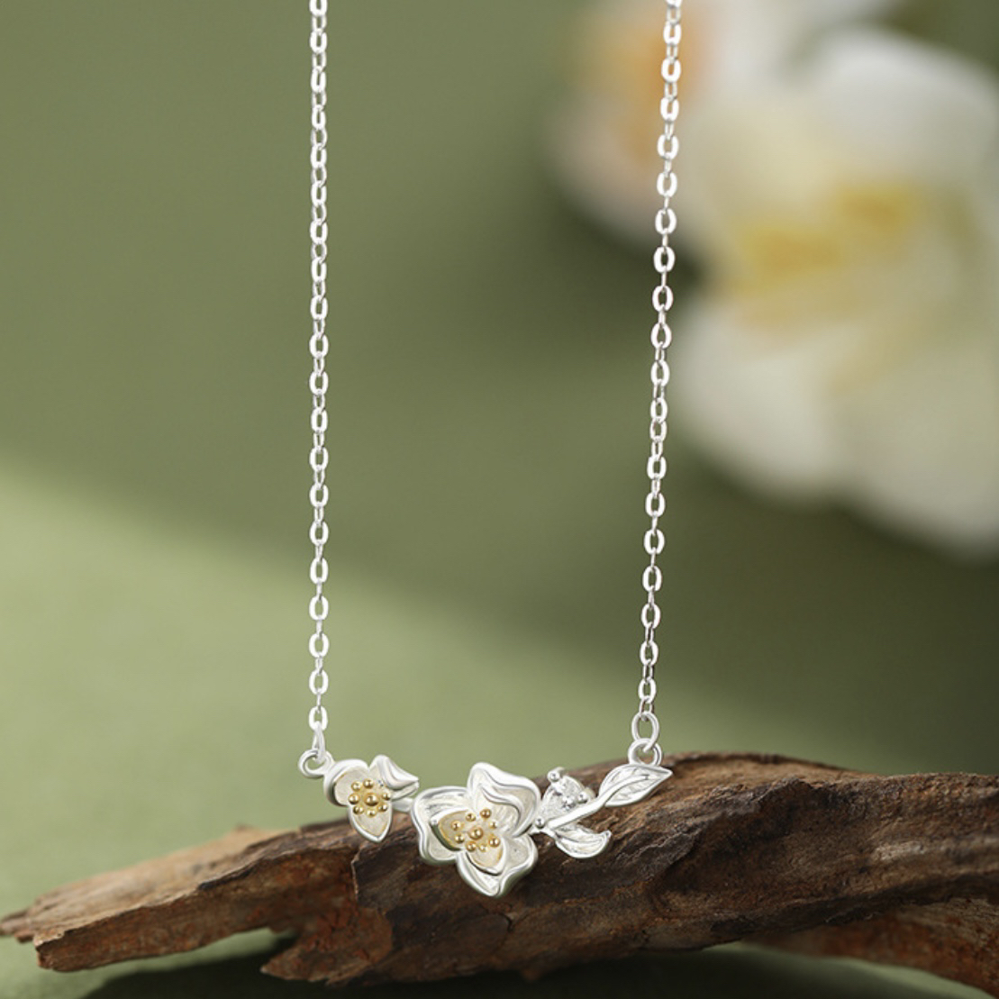 坠链均足银 足银999山茶花项链