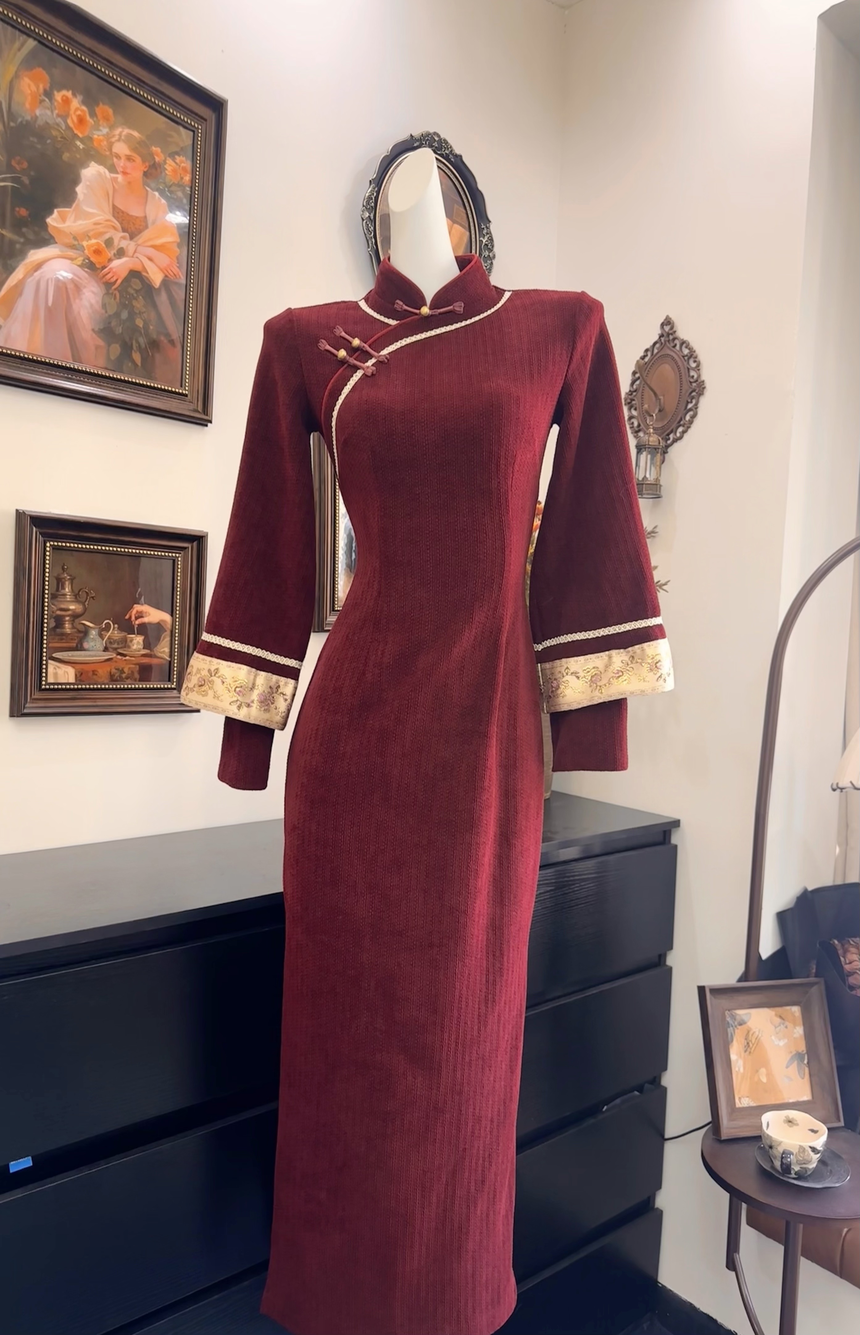 【锦棠红】秋冬旗袍假两件袖新中式红色长袖优雅温柔风