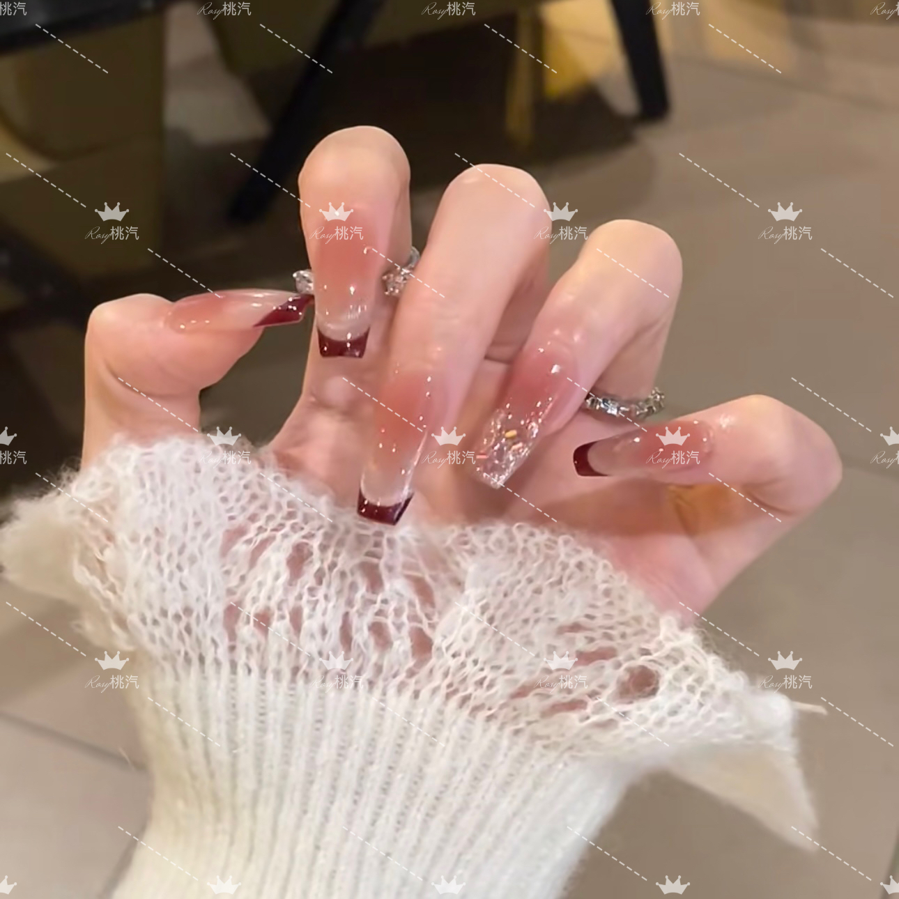 【酒红法式】法式冰透裸色微笑猫眼显白可爱粉色短款穿戴甲