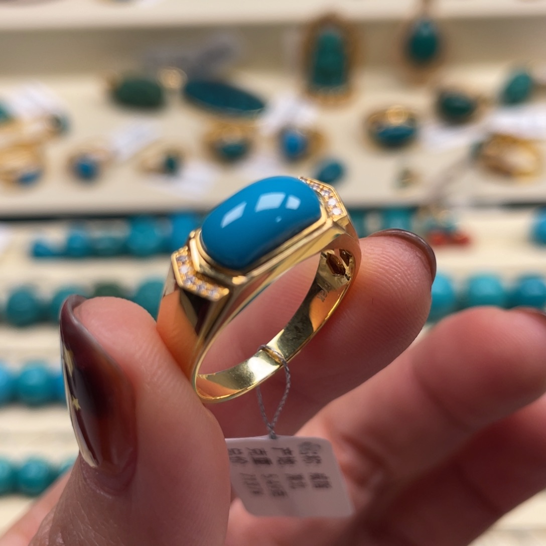 18K金镶嵌绿松石珠宝奇石戒指