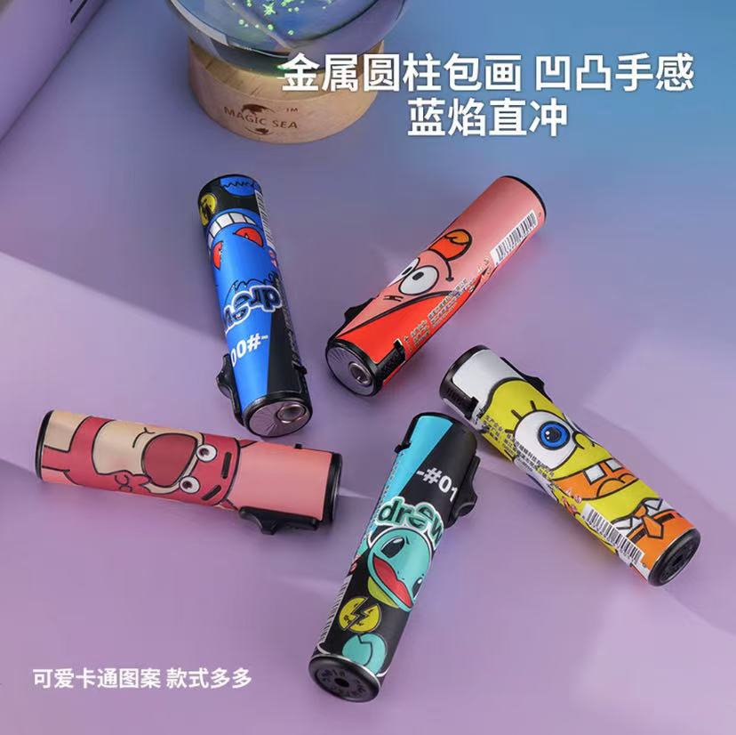 炫酷可爱时尚卡通造型蓝焰直冲防风可充气创意圆柱打火机适合送礼