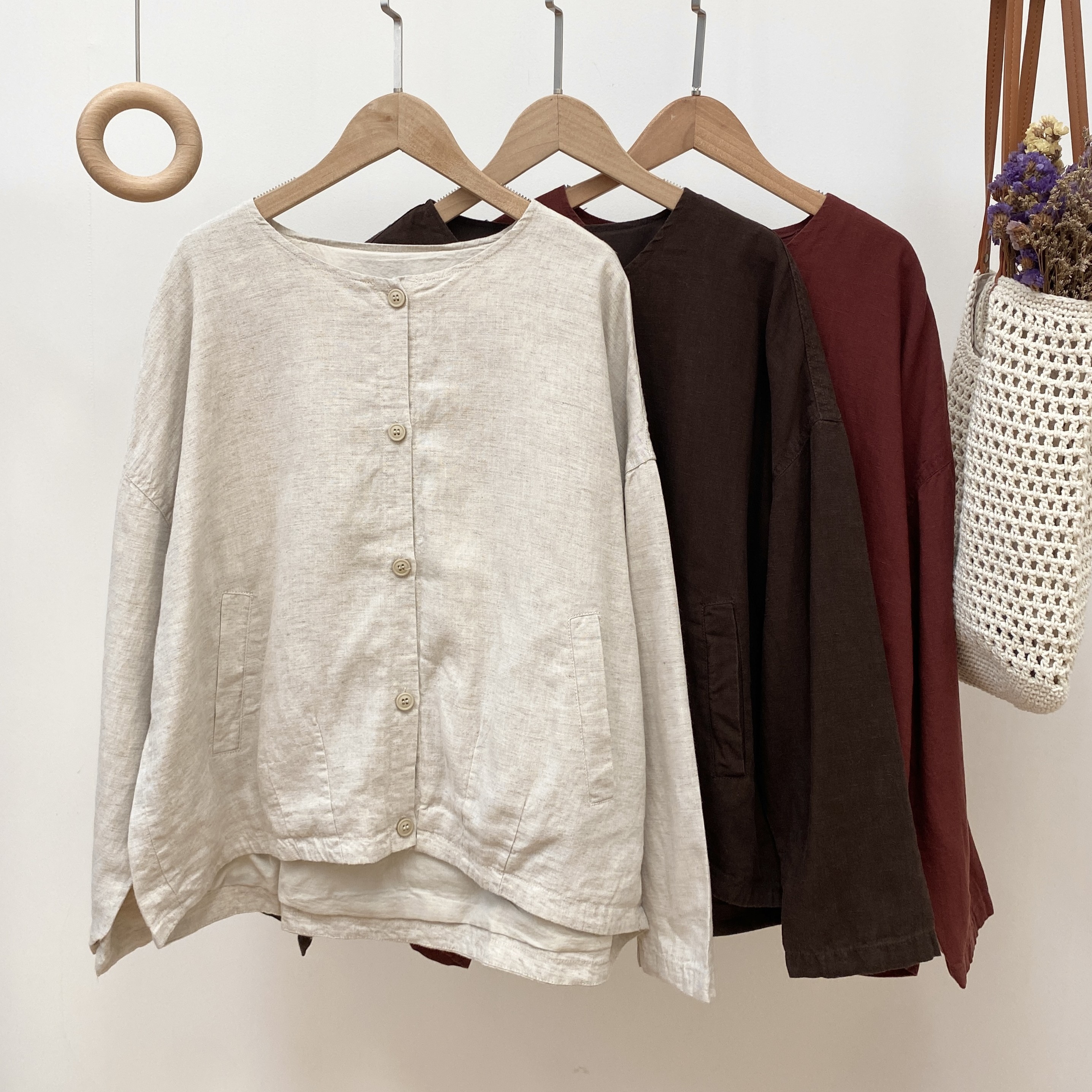 【麻料圆领纯色压褶衬衫外套】4657