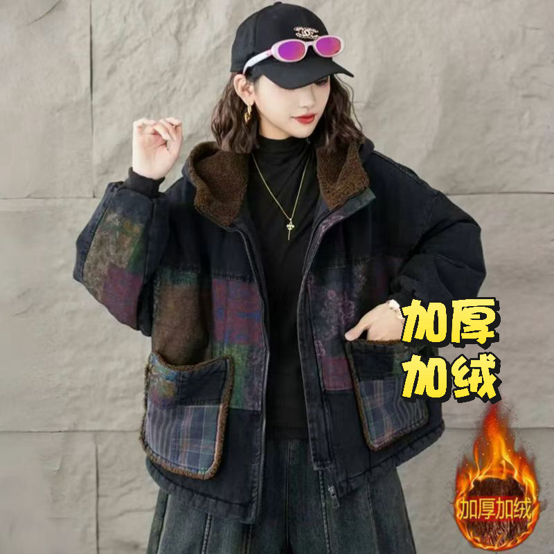 冬季新款加绒加厚连帽牛仔棉衣外套女复古宽松休闲保暖百搭棉袄