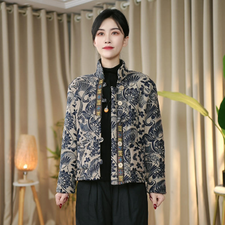 冬季保暖棉袄复古盘扣立领外套上衣加绒加厚棉衣国风新款