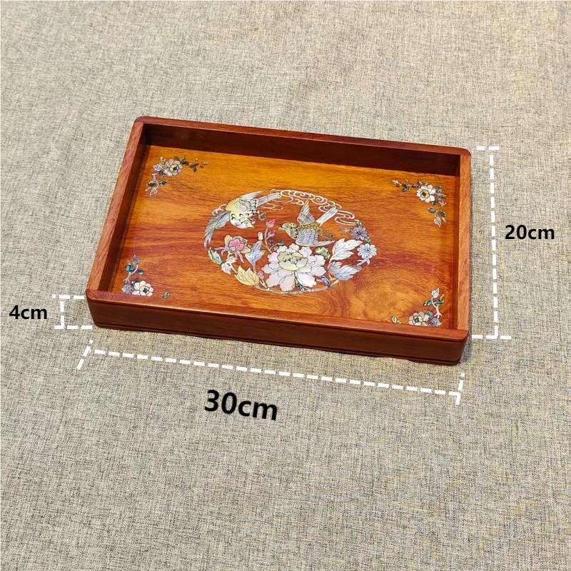 缅甸花梨木螺钿花开富贵托盘收纳30*20*4cm家用木制盘子收纳盘