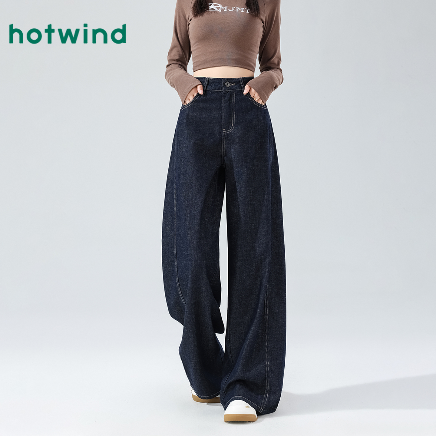 Hotwind/热风丹宁牛仔裤女2025新款小个子弯刀裤早秋直筒阔腿裤子