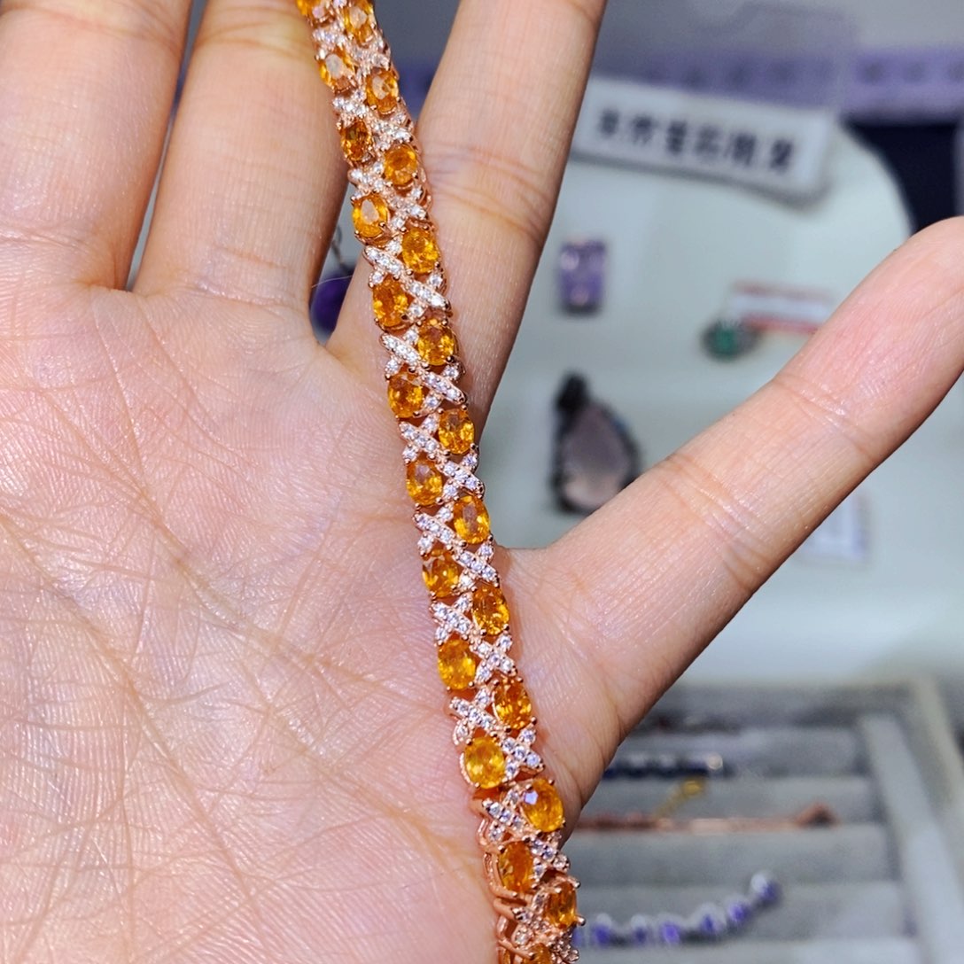 银S925镶嵌手链石榴石（芬达石）豆*