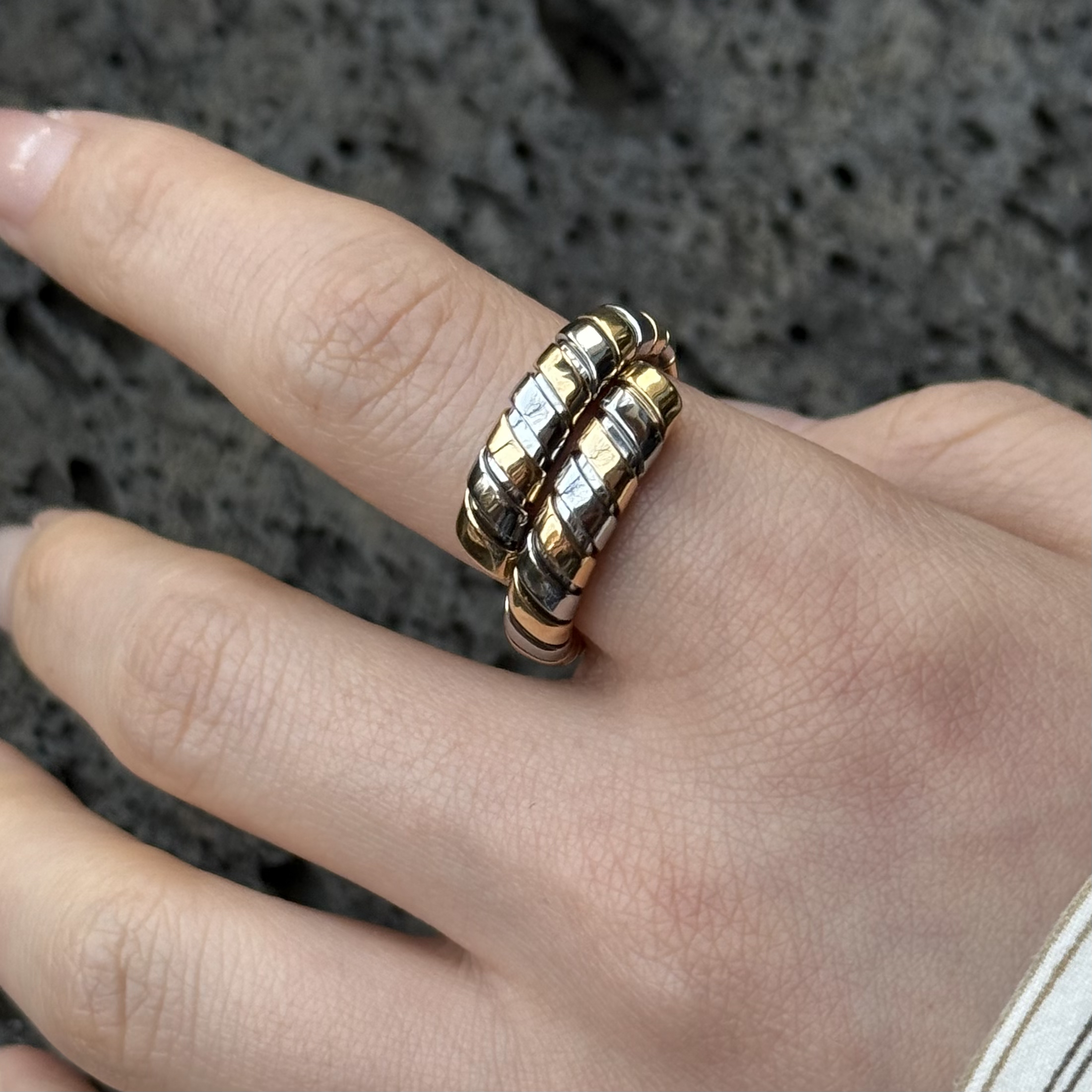 95新 BVLGARI/宝格丽 Tubogas18K金+钢双圈戒指-74303255