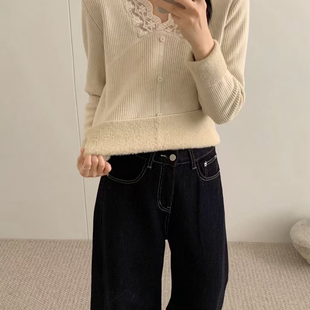 秋冬复古蕾丝拼接半高领针织打底衫女宽松百搭保暖上衣