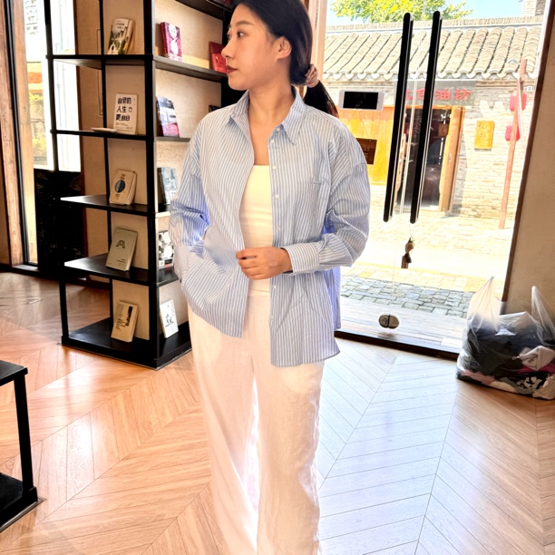 100%棉浅蓝条纹长袖衬衫高级商务休闲款式韩式ins风