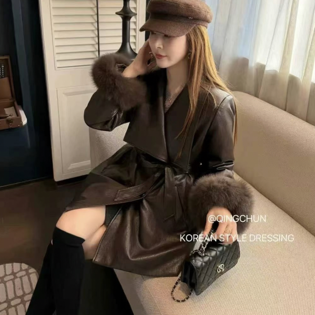 (有感)气质新款翻领中长款皮衣袖系带收腰显瘦外套