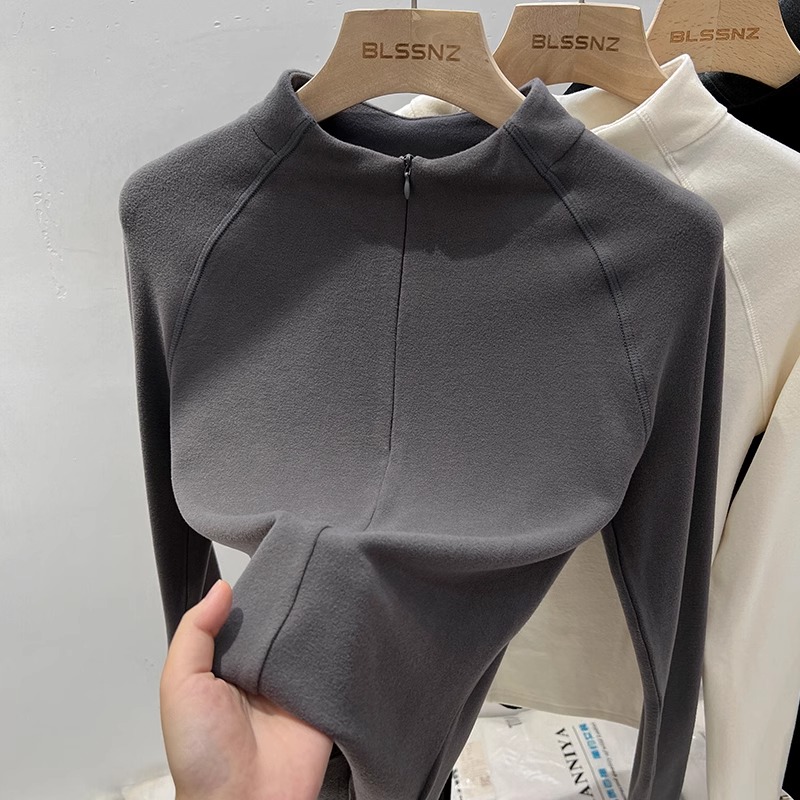 灰色半拉链长袖t恤女秋冬2025新款上衣半高领加绒德绒打底衫内搭