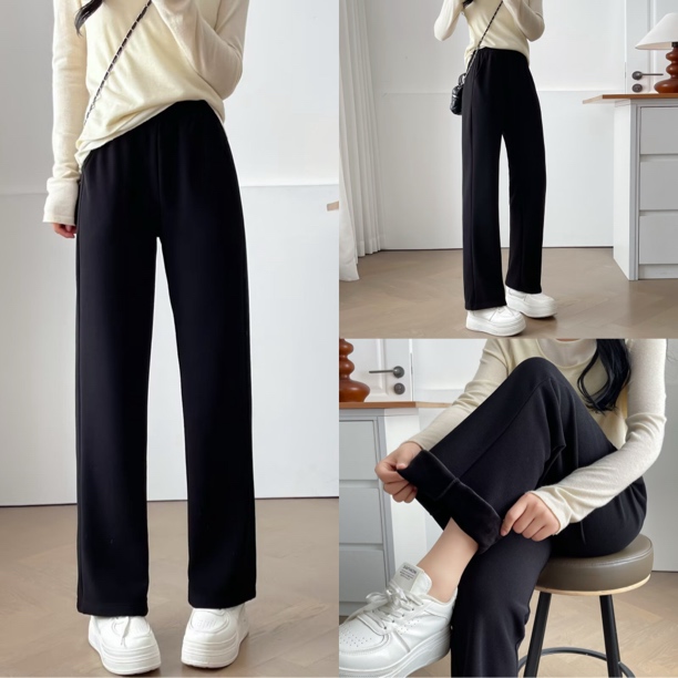 YueBeiLa/月贝拉大码秋冬加绒保暖垂感弹力窄版直筒宽松休闲裤女