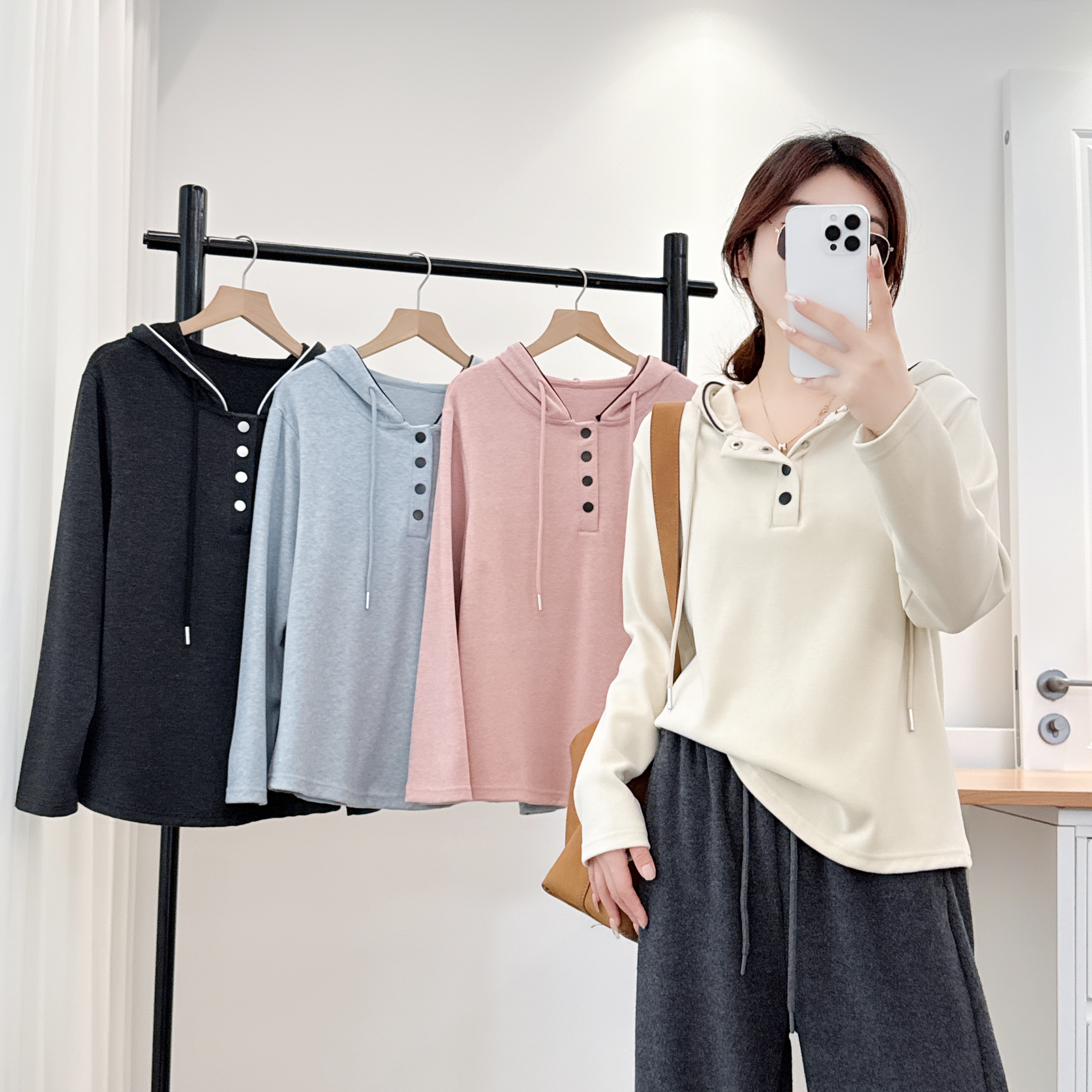 微胖大码领口可调节长袖冬款糯米绒连帽慵懒风休闲风显瘦百搭卫衣