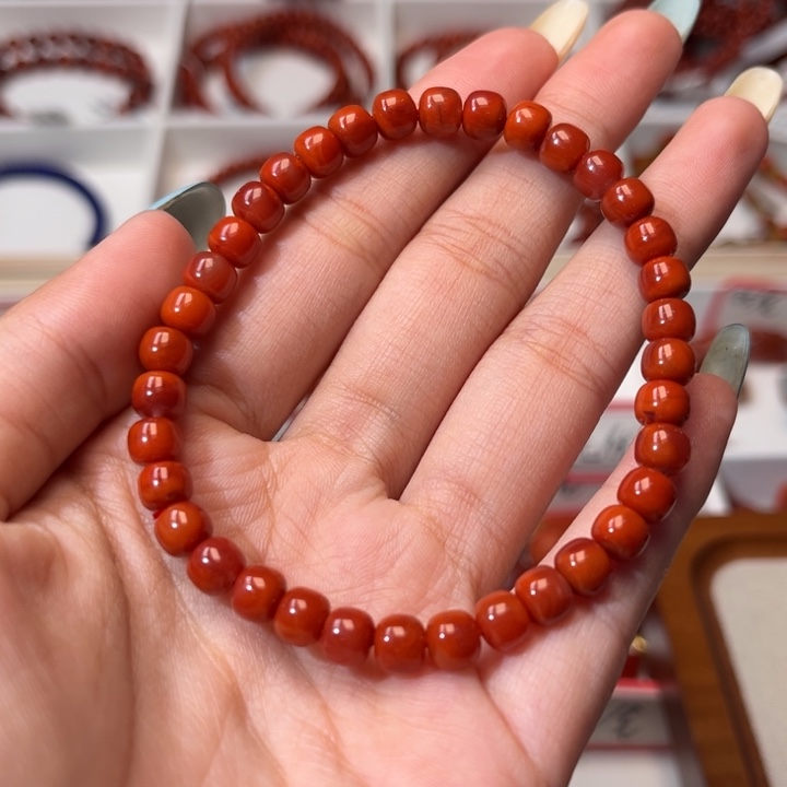 南红玛瑙未镶嵌手链柿子红玫红双色6mm老型