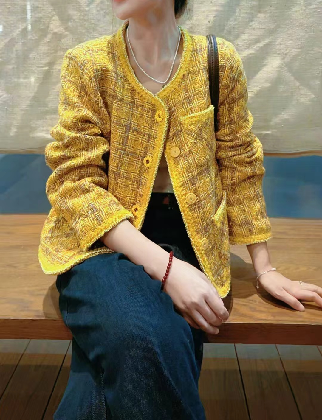 （欣姐专属）黄色小香风编织外套女新款加棉重工高级圆领