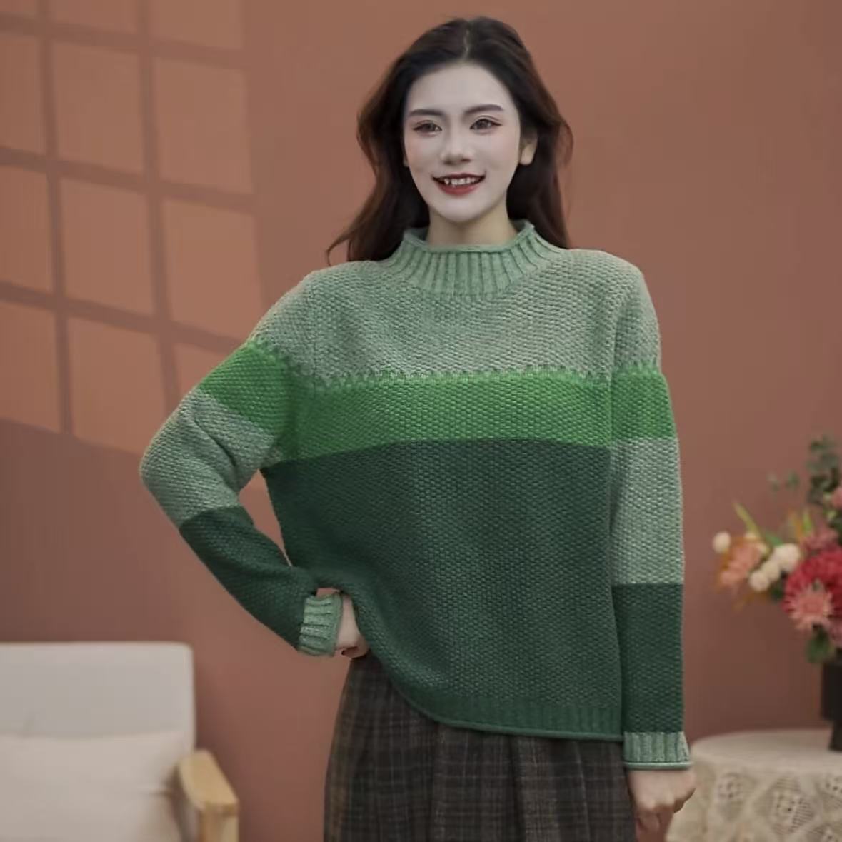 【曼迪芬妮】MY175秋冬新款半高领宽条纹显瘦拼色针织女款上衣