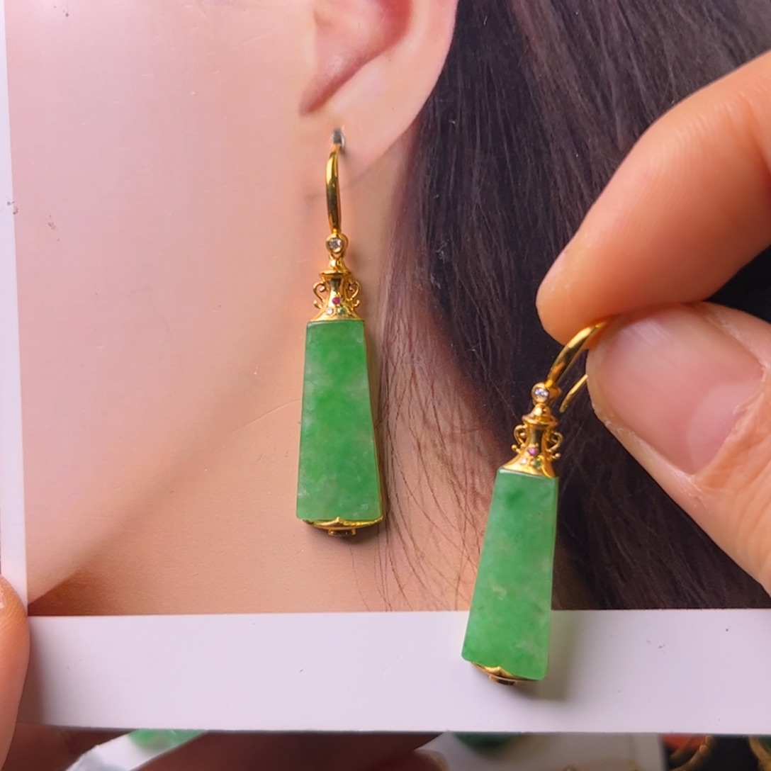 定制翡翠18K金镶嵌青***^耳坠