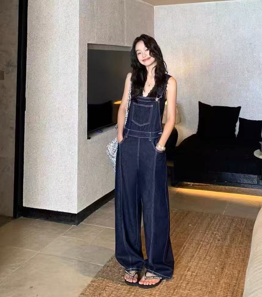 【高货断码清】普洗蓝阔腿背带裤女2025新款高腰显瘦宽松直筒连体裤