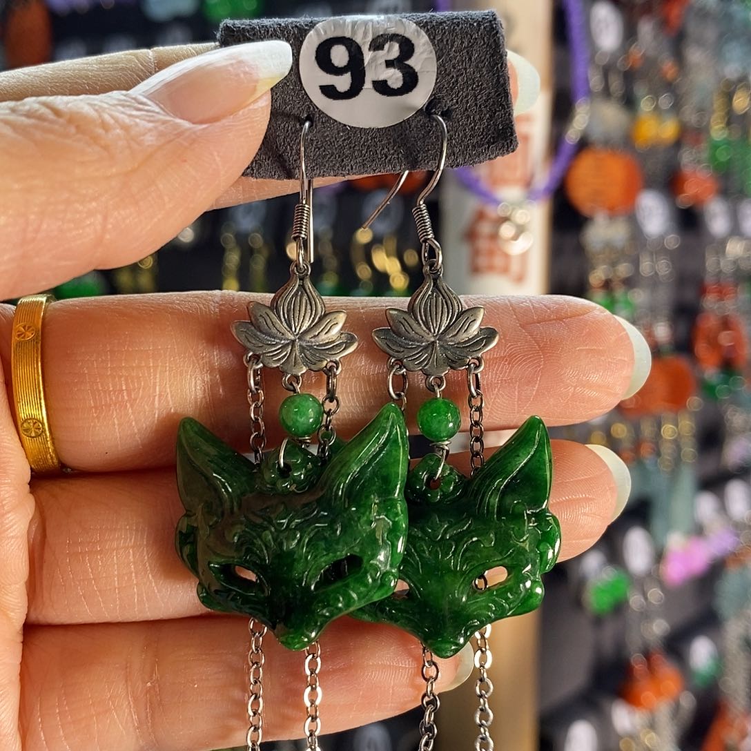 银S925镶嵌翡翠耳饰K****?93深绿色