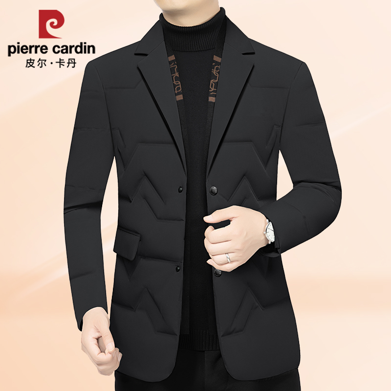 皮尔卡丹高档羽绒西服新款中年休闲冬季鸭绒保暖男士西装外套防寒