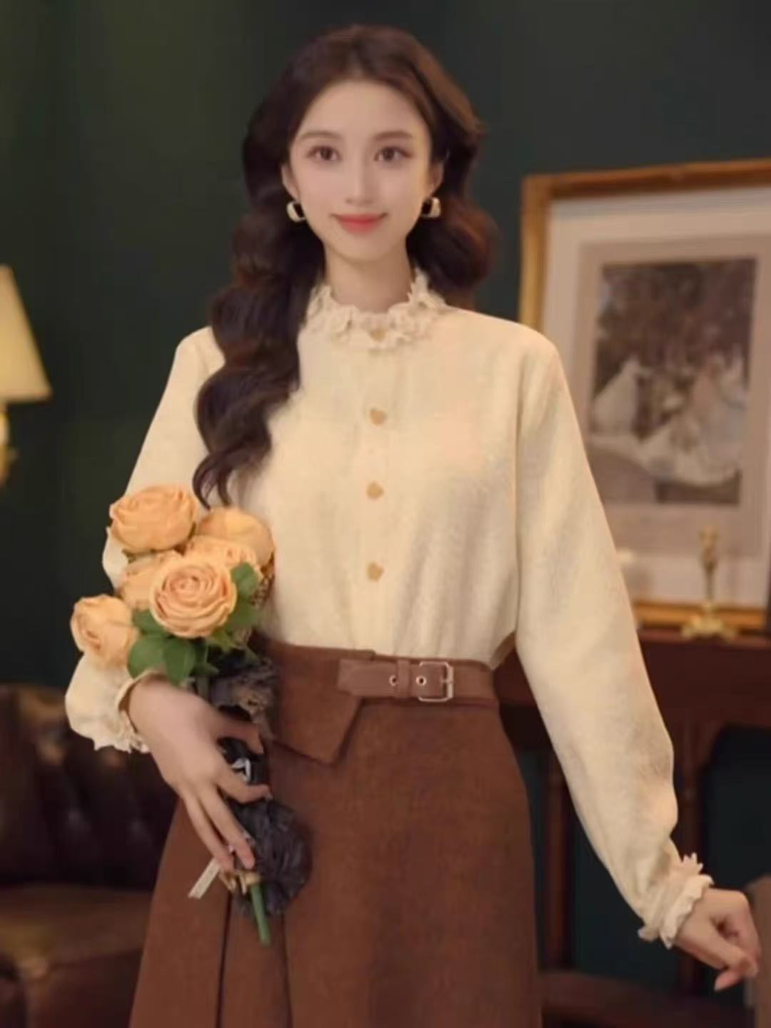 港味复古花瓣领小香风衬衫女2025秋冬新款复古立体小花加厚上衣