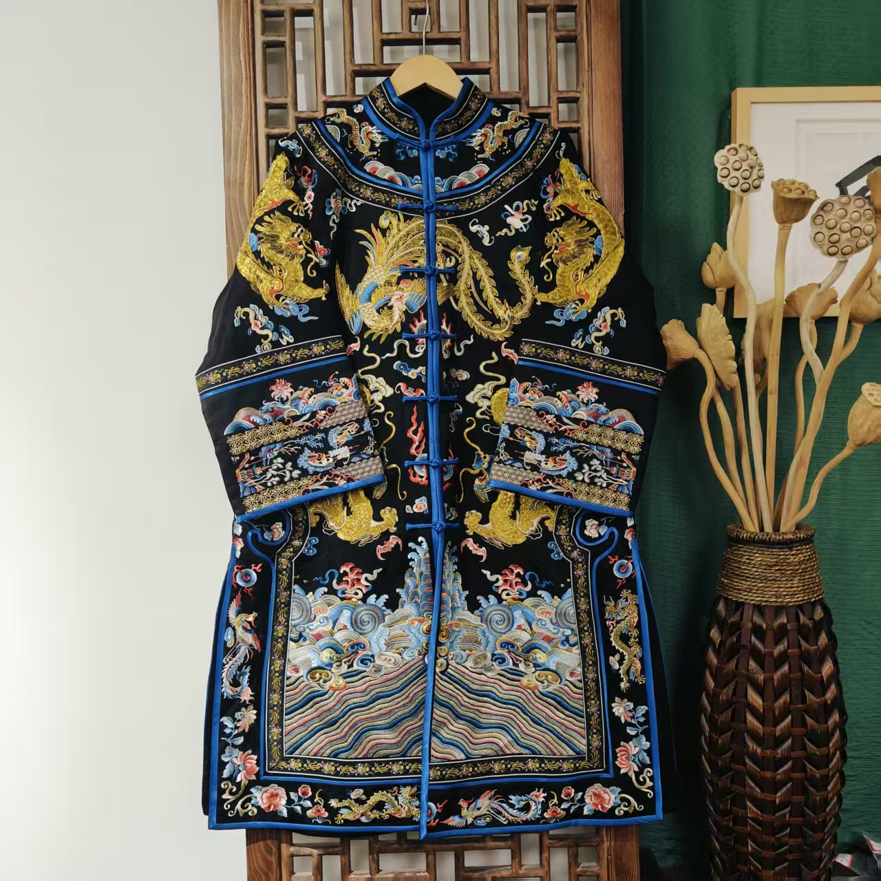 棉（LS683-2）凤徕兮私人定制黑底满绣盘金龙凤刺绣对襟盘扣棉服